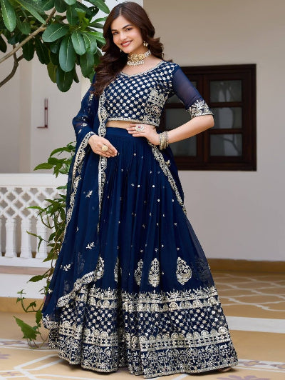 Navy Blue Georgette Embroidery Work Lehenga Choli Set