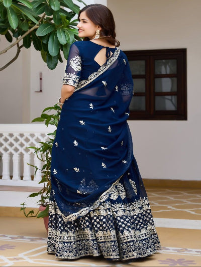 Navy Blue Georgette Embroidery Work Lehenga Choli Set