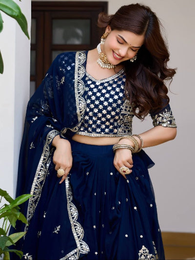 Navy Blue Georgette Embroidery Work Lehenga Choli Set