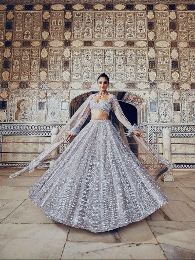 Luxury Silver Mist Grey Sequins Lehenga Choli Set