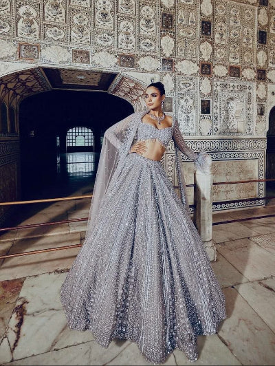 Luxury Silver Mist Grey Sequins Lehenga Choli Set