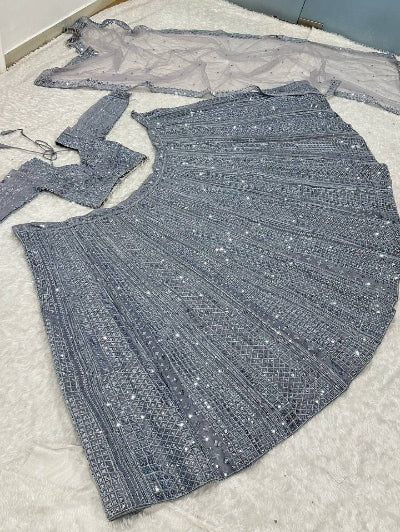 Luxury Silver Mist Grey Sequins Lehenga Choli Set