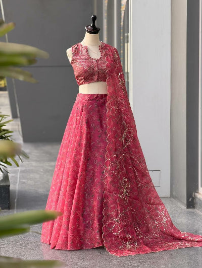 Rose Pink Organza Printed Lehenga Choli Set