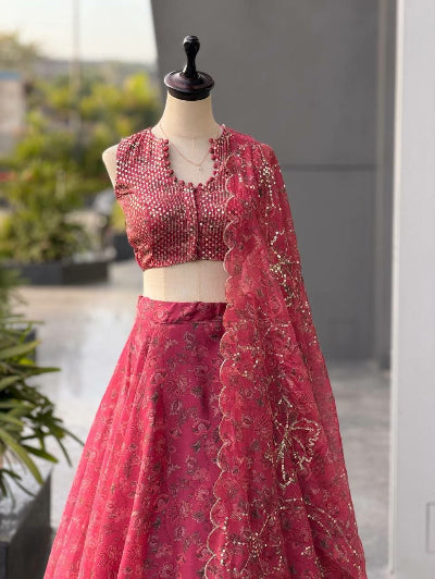 Rose Pink Organza Printed Lehenga Choli Set