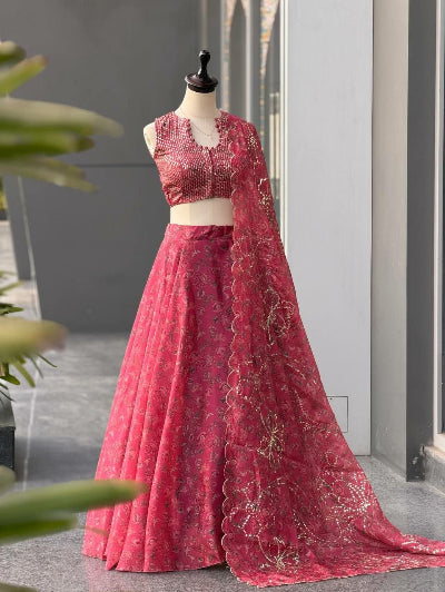 Rose Pink Organza Printed Lehenga Choli Set