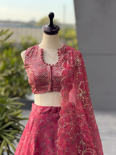 Rose Pink Organza Printed Lehenga Choli Set