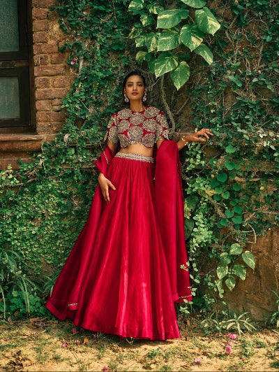 Ruby Red Roman Silk Sequins &amp; Dori Lehenga Choli Set