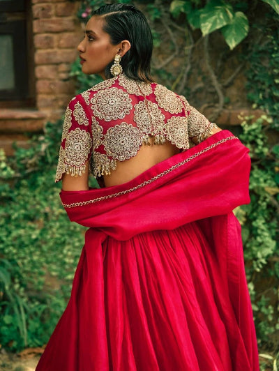 Ruby Red Roman Silk Sequins &amp; Dori Lehenga Choli Set