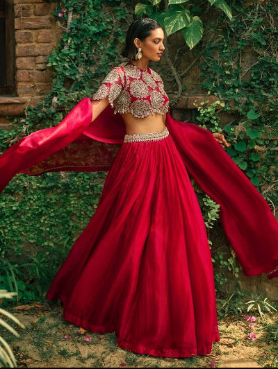 Ruby Red Roman Silk Sequins &amp; Dori Lehenga Choli Set
