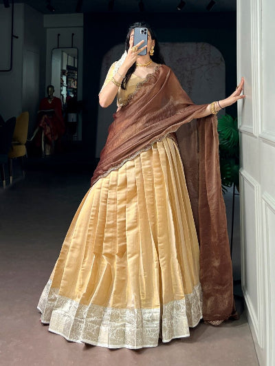 Gold &amp; Mocha Brown Kanchipuram Zari Weaving Lehenga Choli