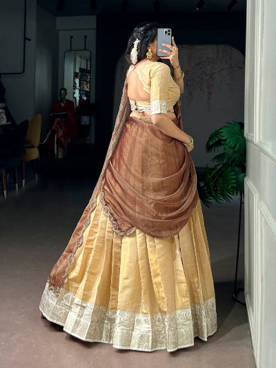 Gold &amp; Mocha Brown Kanchipuram Zari Weaving Lehenga Choli