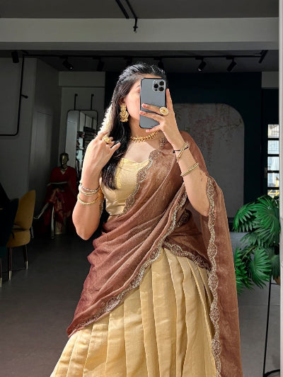 Gold &amp; Mocha Brown Kanchipuram Zari Weaving Lehenga Choli