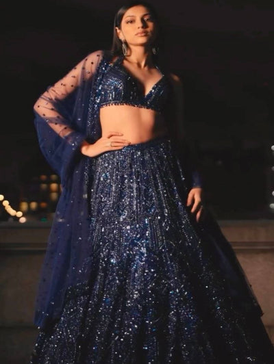 Partywear Navy Blue Sequins Work Lehenga Choli Set
