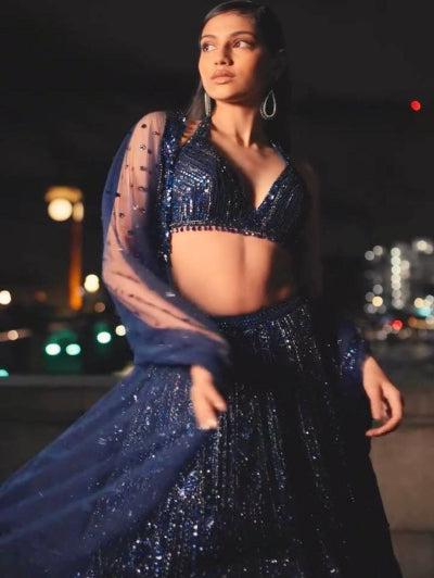 Partywear Navy Blue Sequins Work Lehenga Choli Set