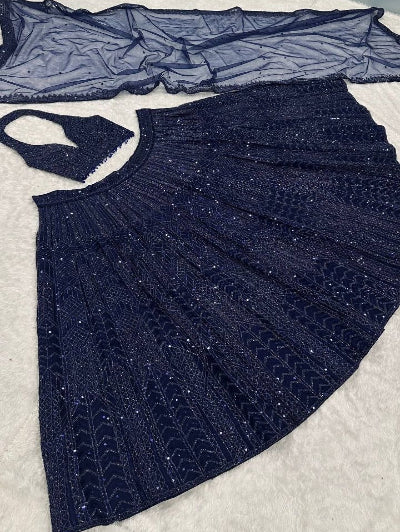 Partywear Navy Blue Sequins Work Lehenga Choli Set
