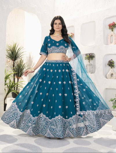 Teal Blue Sequins &amp; Embroidered Georgette Lehenga Set