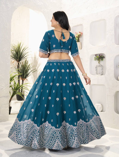 Teal Blue Sequins &amp; Embroidered Georgette Lehenga Set