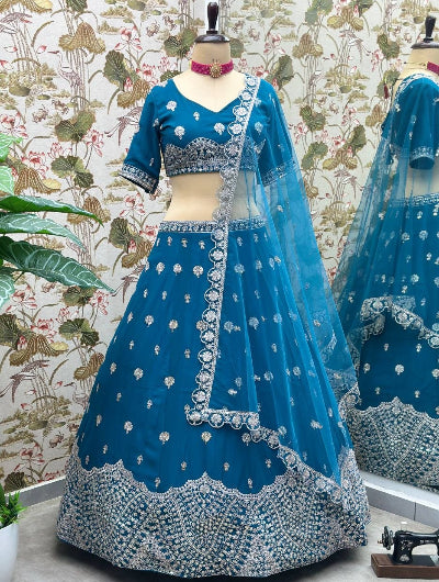 Teal Blue Sequins &amp; Embroidered Georgette Lehenga Set