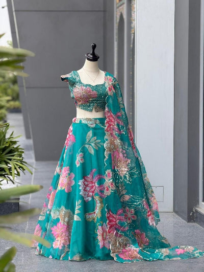 Tropical Teal Floral Organza Lehenga Choli Set with Dupatta