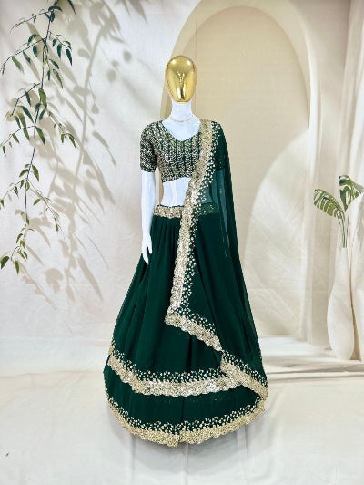 Emerald Green Zari &amp; Sequin Embroidered Lehenga Choli with Dupatta