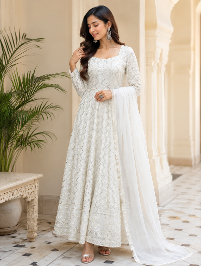 White Thread Embroidered Georgette Anarkali Suit