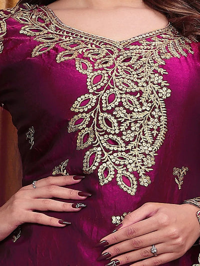 Magenta Wine Embroidered Fendy Silk Sharara Suit for Women | Asian Ethnic Wear UK