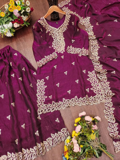Magenta Wine Embroidered Fendy Silk Sharara Suit for Women | Asian Ethnic Wear UK