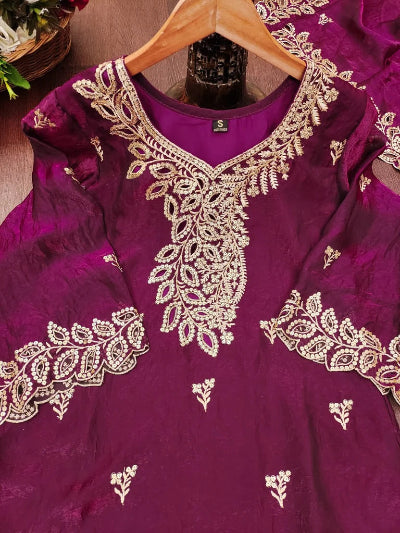 Magenta Wine Embroidered Fendy Silk Sharara Suit for Women | Asian Ethnic Wear UK