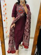 Burgandy Cotton Jaipuri Printed Straight Suit Set - BONYHUBSALWAR KAMEEZ
