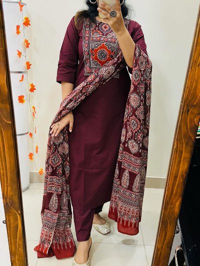 Burgandy Cotton Jaipuri Printed Straight Suit Set - BONYHUBSALWAR KAMEEZ