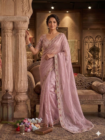 Lilac Pink Silk Ready to Wear Saree with Stitched Blouse | One Minute Sari UK