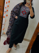 Black Cotton Jaipuri Printed Straight Suit Set - BONYHUBSALWAR KAMEEZ