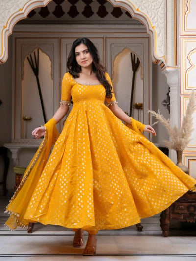 Yellow Chanderi Jacquard Mirror Work Anarkali Suit Set