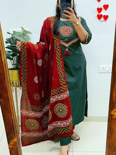 Bottle Green Cotton Handwork Salwar Suit With Red Dupatta - BONYHUBSALWAR KAMEEZ