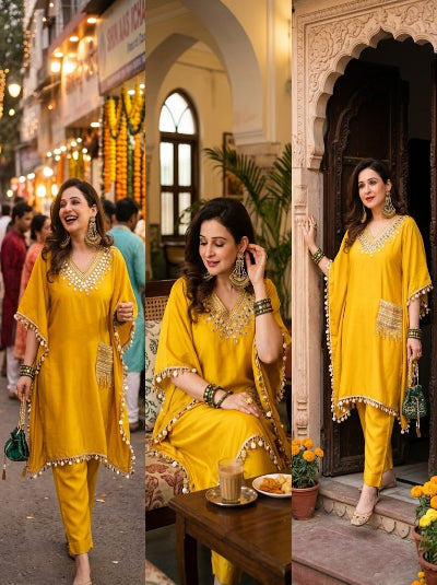 Yellow Mirrorwork Embroidered Kaftaan Pant Set UK Next Day