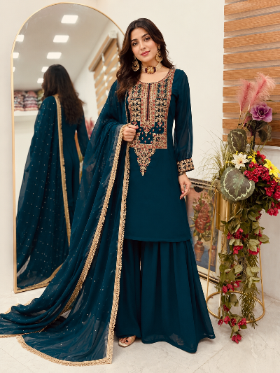 Teal Blue Georgette Embroidery Sharara Palazzo Suit