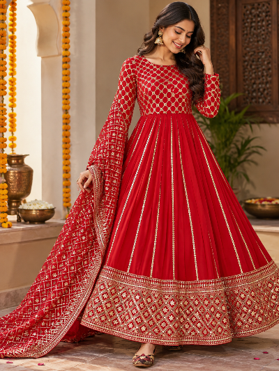 Red Designer Partywear Rich Anarkali Gown Suit Set UK Next Day