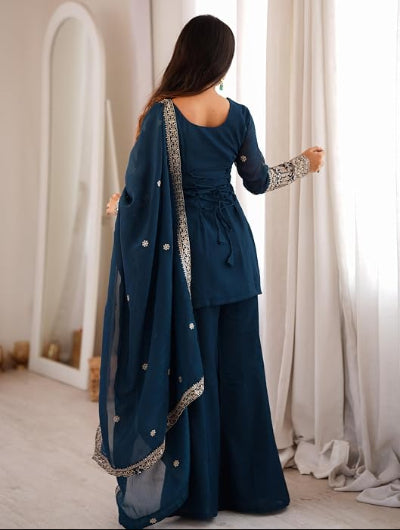 Teal Blue Embroidered Full Sleeves Silk Bell Bottom Suit | Asian Wear