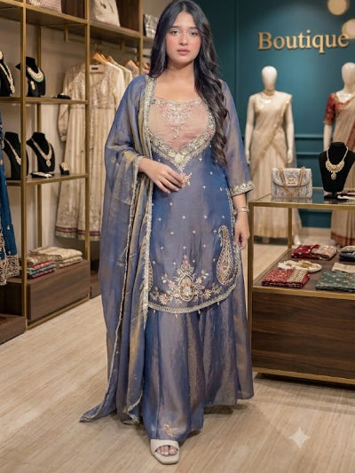 Dusty Steel Blue Embroidered Palazzo Sharara Suit