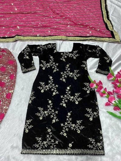 Pink & Black Velvet Embroidery Sequins Patiyala Suit - BONYHUBSALWAR KAMEEZ