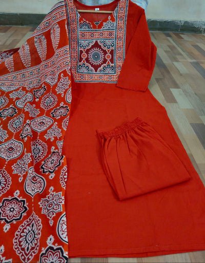 Red Cotton Jaipuri Printed Straight Suit Set - BONYHUBSALWAR KAMEEZ