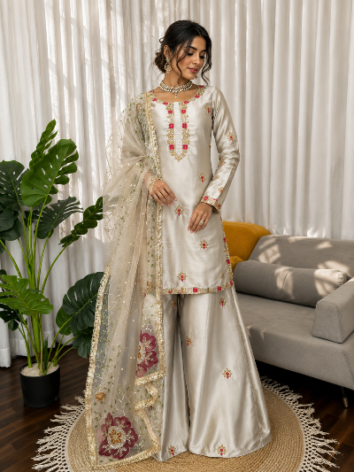 Pearl Ivory Designer Sequins Work Sharara Palazzo Suit Set