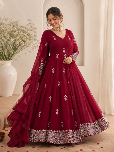 Deep Red Georgette Anarkali Gown Set with Dupatta