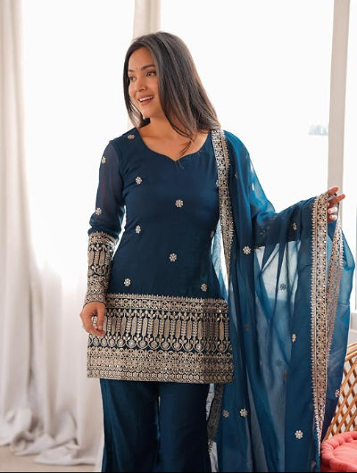 Teal Blue Embroidered Full Sleeves Silk Bell Bottom Suit | Asian Wear