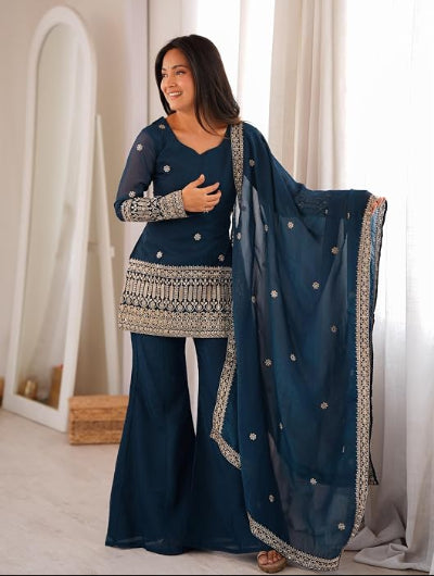 Teal Blue Embroidered Full Sleeves Silk Bell Bottom Suit | Asian Wear