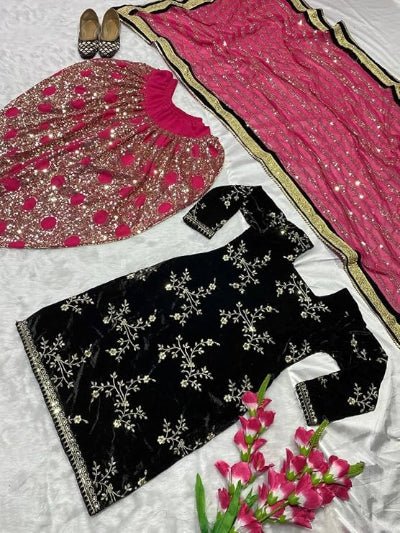 Pink & Black Velvet Embroidery Sequins Patiyala Suit - BONYHUBSALWAR KAMEEZ