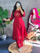 Red Jaipuri Handblock Print Cotton Kurti Pant Set Of 2 - BONYHUBSALWAR KAMEEZ