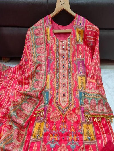 Plus Size Pink Chinon Vibrant Printed Straight Suit Set - BONYHUBSALWAR KAMEEZ