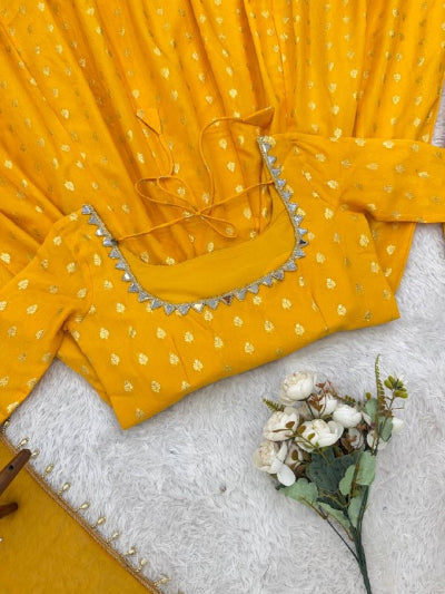 Yellow Chanderi Jacquard Mirror Work Anarkali Suit Set