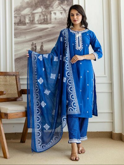 Blue Pure Cotton Embroidered Yoke Straight Suit Set - BONYHUBSALWAR KAMEEZ